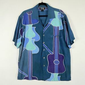 Tropical Tantrum Vintage Mens Large Blue Mod Artsy Guitar Retro Hawaiian Shirt